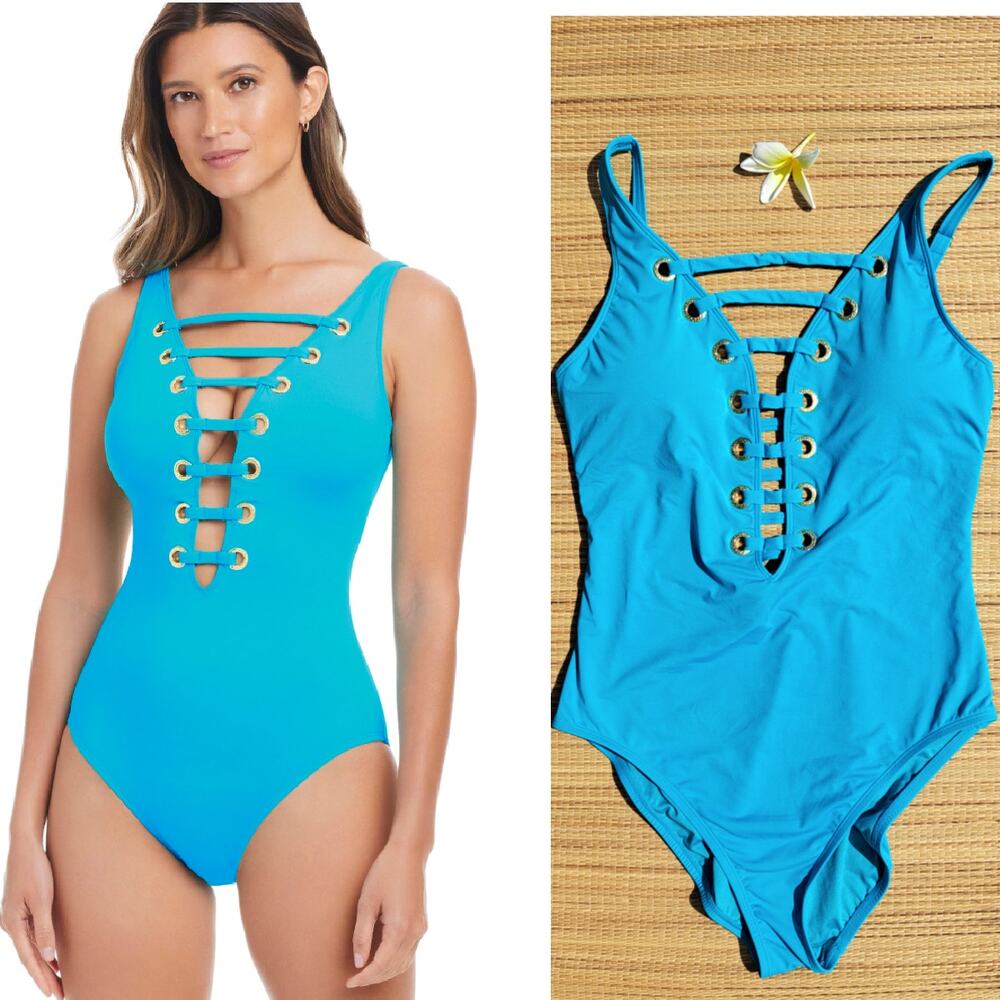 Bleu Rod Beattie The Limited One-Piece Lace-Down Swimsuit in Turquoise Size 12